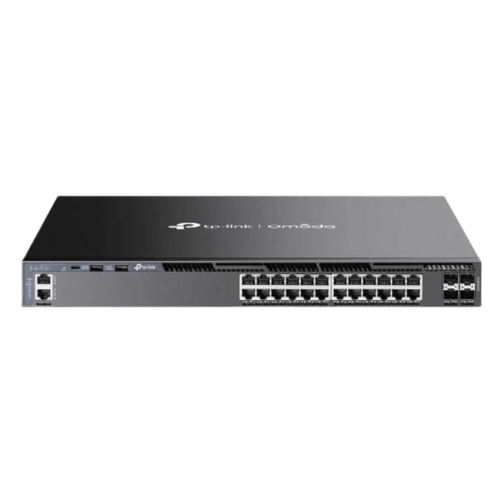 Switch Gestionable L3 Stackable / 24 Puertos Gigabit + 4 Slots 10G SFP+ / Capacidad de Conmutación 128 Gbps / Stack Físico hasta 8 Unidades / L3 RIP OSPF VRRP PIM / Gestión Cloud Omada SDN