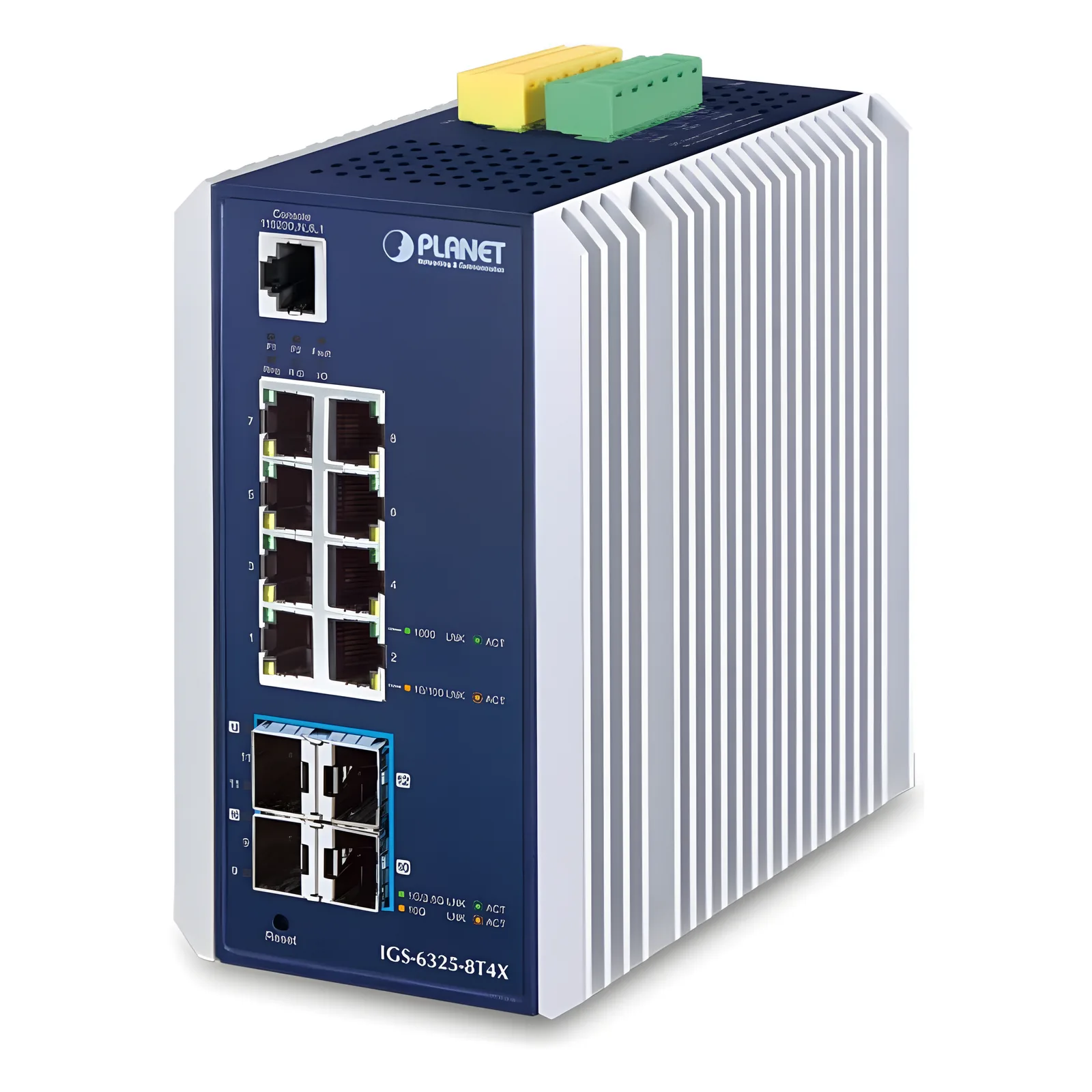 Switch Ethernet Gestionado Capa 3 Industrial DIN-rail / Red Extendida de 10G para Fábricas y Áreas Metropolitanas / 8 Puertos RJ45 10/100/1000BASE-T / 4 Puertos SFP+ 10GBASE-SR/LR / Temp. Operativa -40 a 75 grados C / Protección ESD a