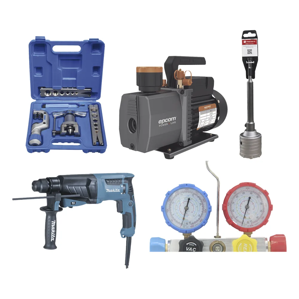 Kit profesional / Mini split / Bomba de vacío 2RS-2R-R32 / Manómetro HBSBZ6 / Kit Abocardado CT809 / Rotomartillo HR2630J / Broca PSTC02003