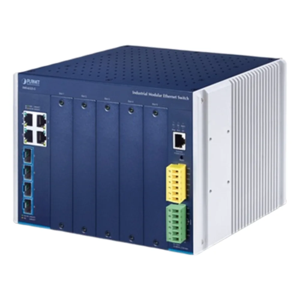 Switch Modular Industrial Capa 3 / 5 Slots / 4 Puertos Gigabit RJ45 / 4 Puertos SFP+ 10G / Rango de Temperatura -40~75°C / Entrada de Potencia Redundante 12-48V / Soporte IPv6/IPv4