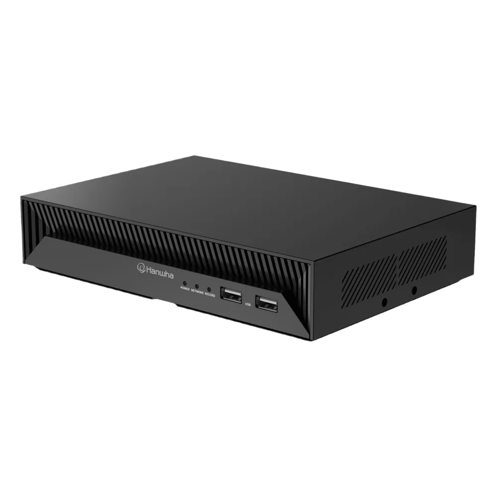 NVR Inteligente 4CH AI / Soporte Cámaras 8MP / Códecs H.265-H.264-MJPEG / Grabación 40Mbps / 4 Puertos PoE / SSD 1TB / Salida HDMI / Soporte ARB / Conectividad P2P / Firma Hanwha Vision