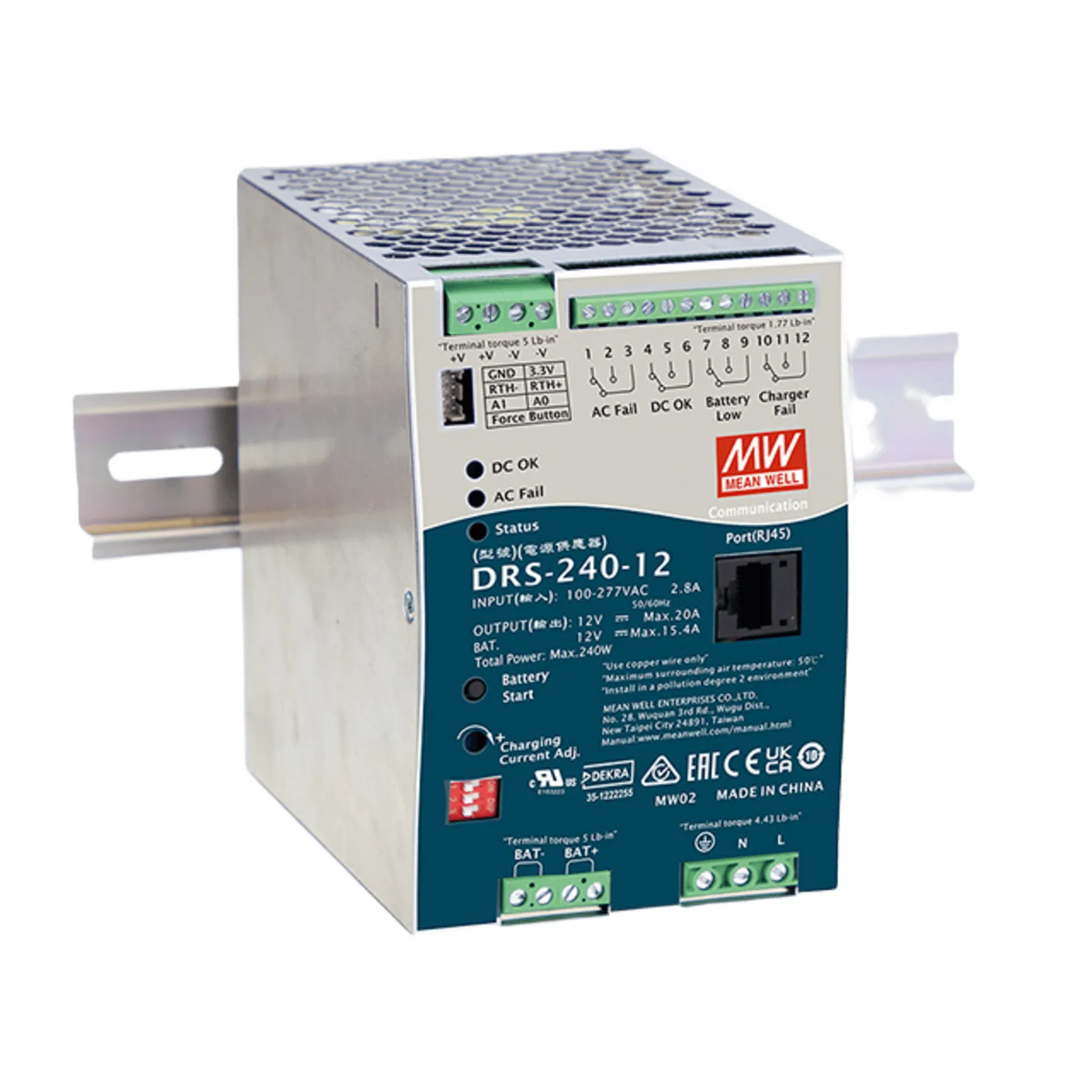 Fuente de Poder Industrial de 240W con Cargador de Baterías, salida 12Vcc, 20A, para montaje Riel Din