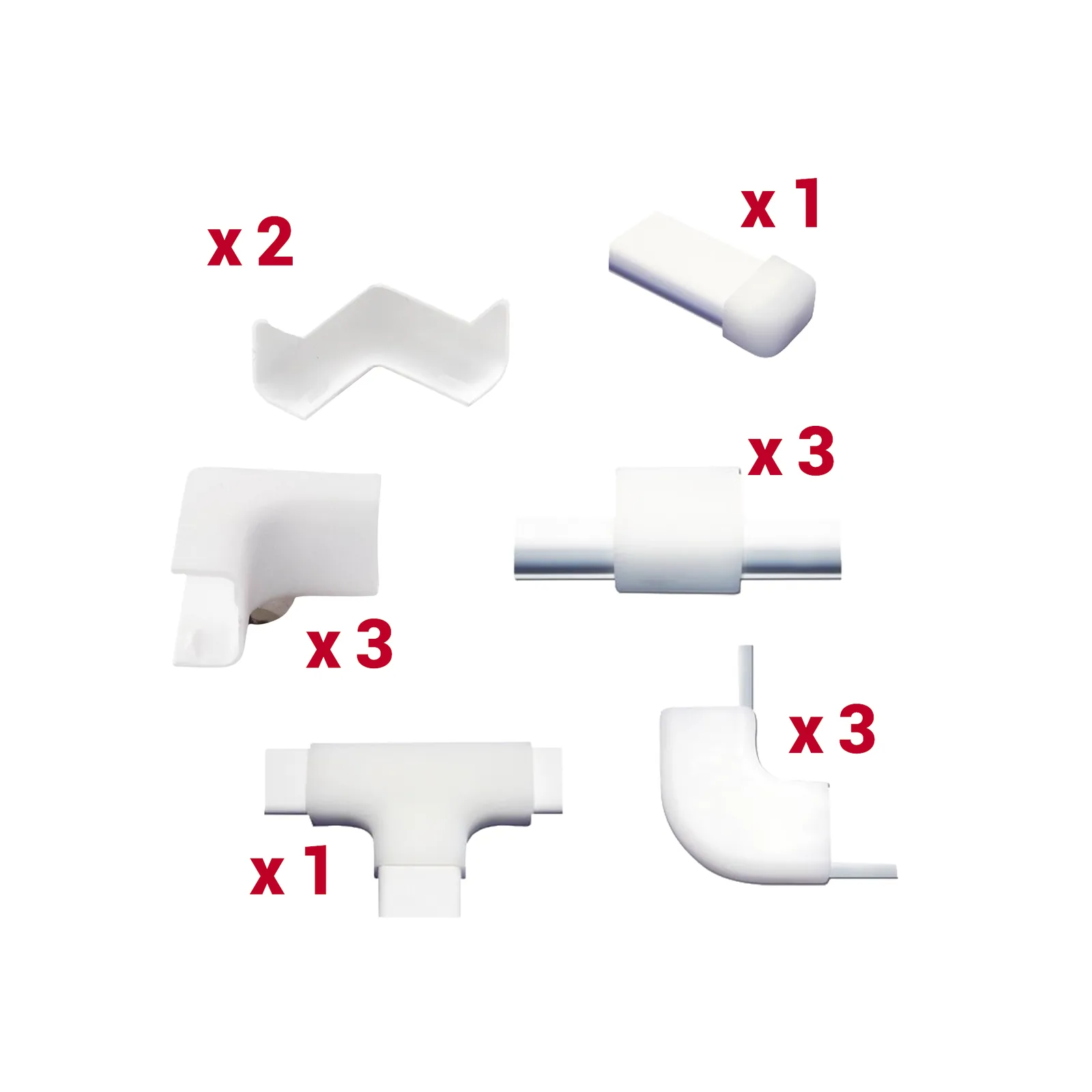 Kit de Accesorios Para la Canaleta TMK0812, El Paquete Incluye 13 Piezas en Total, Son 2 Esquineros Exteriores, 3 Esquineros Interiores, 3 Secciones "L", 3 Piezas de Unión, 1 Sección "T" y 1 Tapa Final.