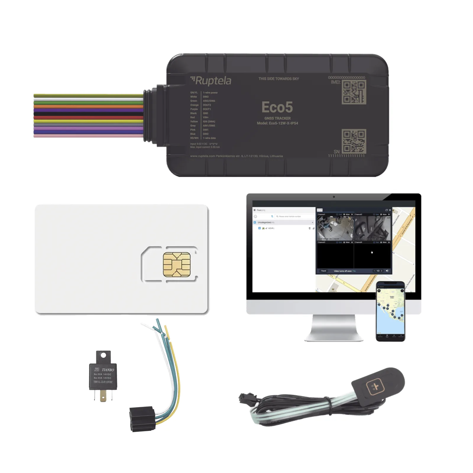 KIT Dispositivo de Rastreo Vehicular / Conectividad LTE Cat1 y LTE-M / BLE 5.0 / GNSS U-blox / Carcasa IP54 / Batería Interna de Respaldo / Detecta Interferencias / Incluye SIM500MB2Y, EPCOMGPSCODE, Relay y boton SOS