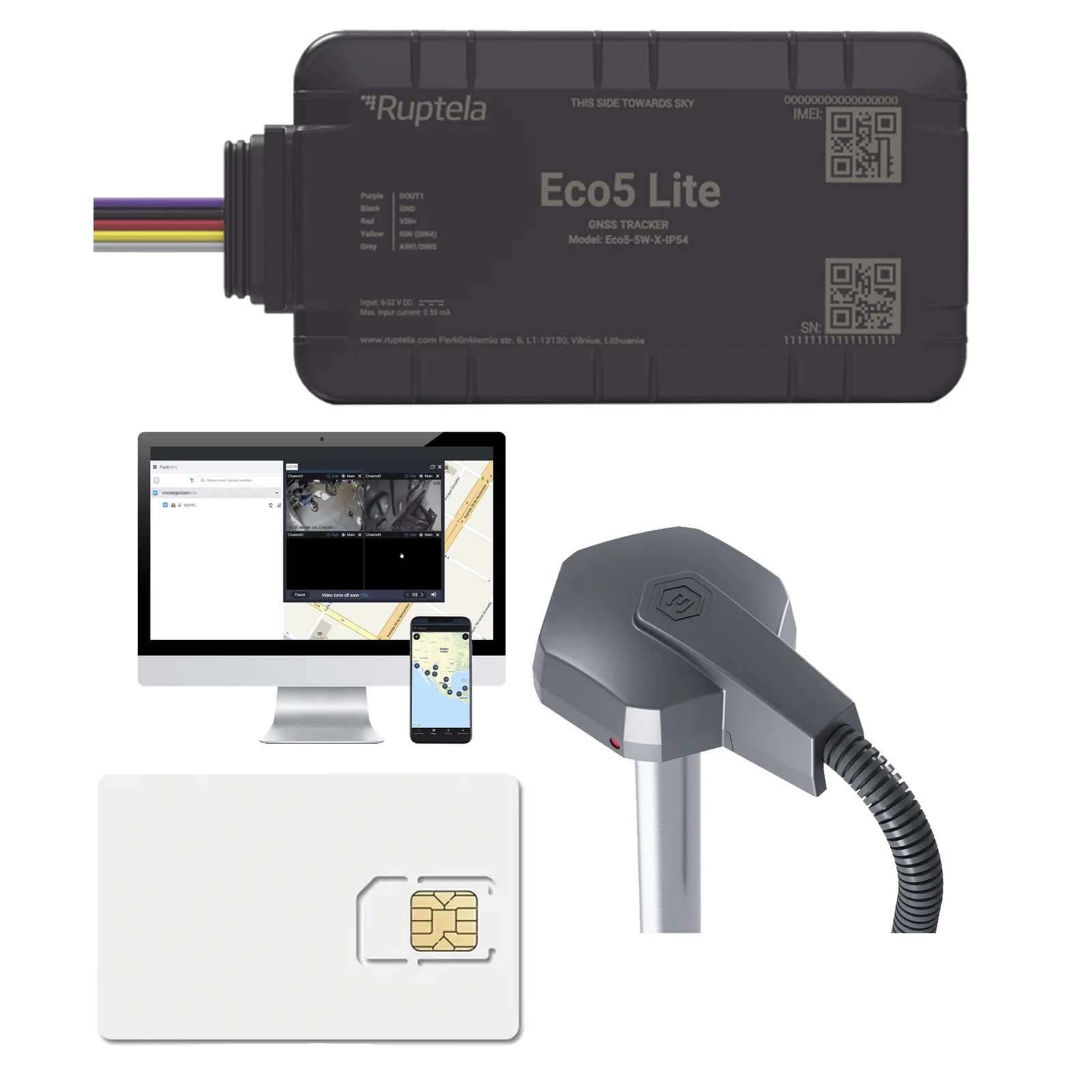 Rastreador Vehicular y Monitoreo de Flota / BLE 5.0 y GNSS / LTE CAT1 y LTE-M con Respaldo 2G / GNSS U-blox / MiKado IP54 / -20 °C a +40 °C / Acelerómetro de 3 Ejes / Suministro 9-32 V / Batería Interna