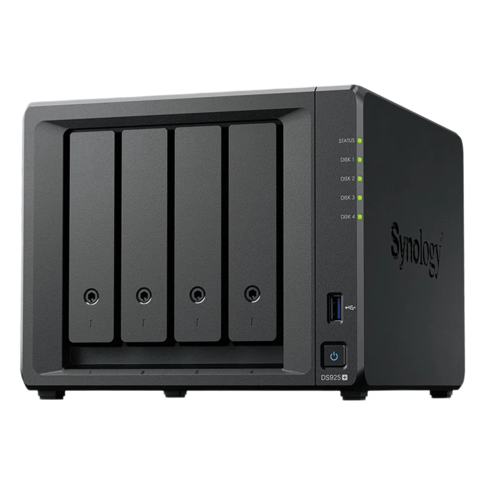 NAS DiskStation DS925+ | 4 Bahías | Expandible a 9 Bahías | 2 Puertos 2.5GbE | 2 Ranuras M.2 NVMe | AMD Ryzen V1500B | 4 GB DDR4 ECC | Hasta 565 MB/s Escritura Secuencial | Compatible con RAID | Synology DSM.