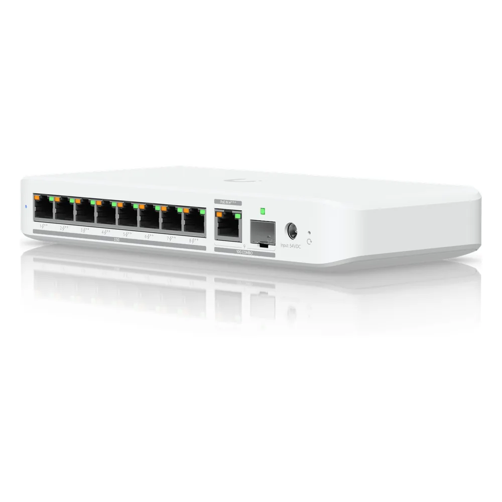 USW Flex 2.5G PoE Switch de 8 Puertos 2.5GbE PoE++, con un Puerto de Enlace Ascendente Combinado RJ45/SFP+ de 10 GbE (No incluye Adaptador ca/cc)