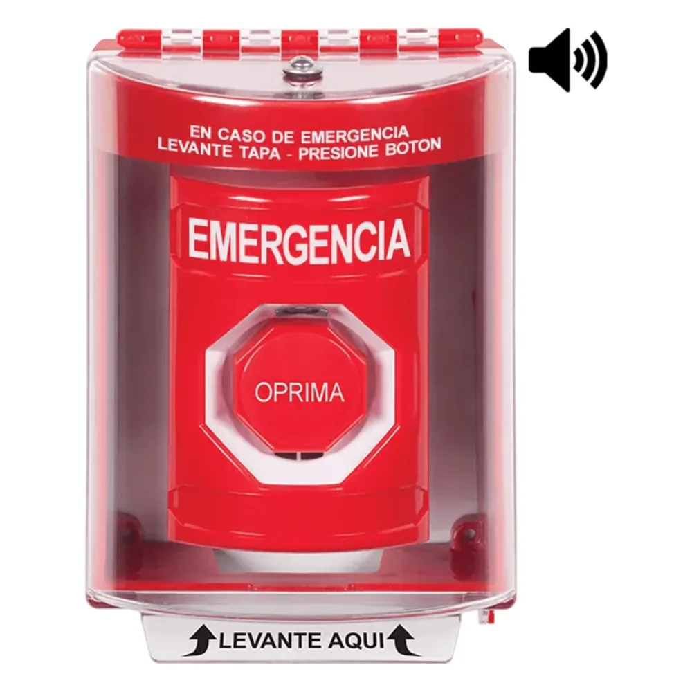 ​Botón Multipropósito, Color Rojo, De Superficie con Espaciador, C/Tapa De Policarbonato, C/Bocina Pre Alarma, Interior/Exterior, Llave Para Restablecer, Texto De Emergencia, Español