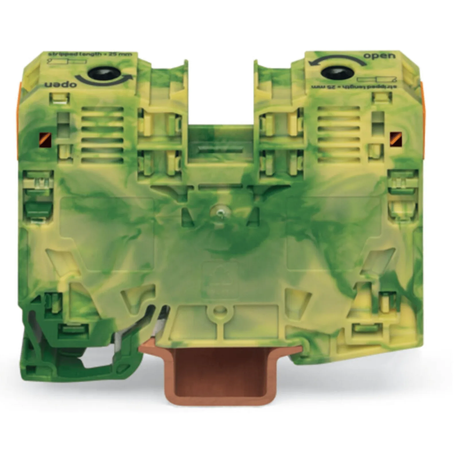 Borna de Tierra, 2 Conductores 35 mm², POWER CAGE CLAMP, Poliamida PA66, Montaje Carril DIN 35x15, Verde-Amarillo, Aplicaciones Ferroviarias y Marinas