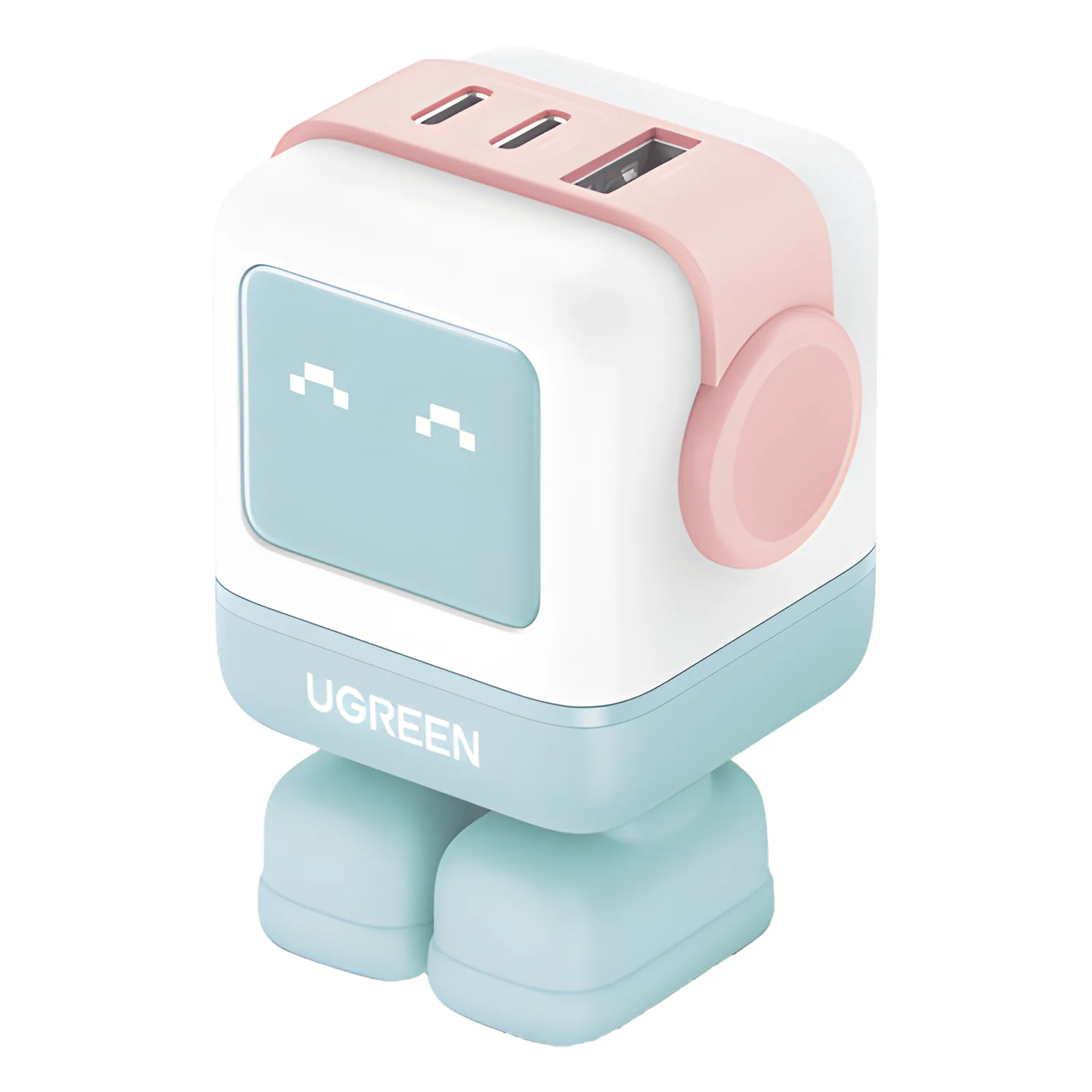 Cargador RobotGaN de 65W Serie UNO | 3 Puertos de Carga Rápida | 2 USB-C | 1 USB-A | PD 3.0 | QC 4.0 | Carga Inteligente | Tecnología GaN II | Zapato Magnético Extraíble | Carcasa Ignifuga | Pantalla LED.