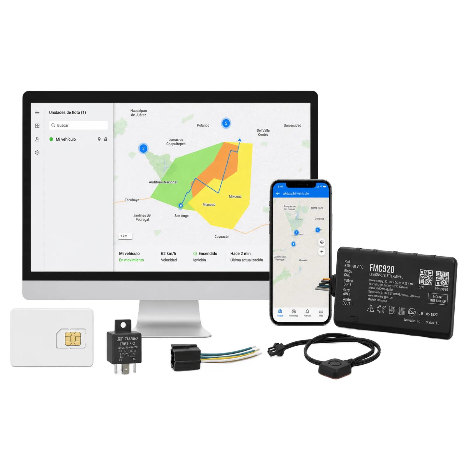 Kit Rastreador Vehicular 4G LTE CAT 1 y 2G/Bluetooth/Anualidad de SIM600MB1Y /Anualidad de EPCOMGPSCODE/ Relevador/boton SOS