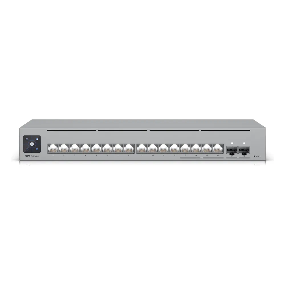 UniFi Switch Pro Max 16 con funciones Capa 3, 16 puertos EtherLight RGB / (4) puertos 2.5 GbE y (12) puertos GbE /(2) puertos SFP+ 10G /con pantalla táctil informativa