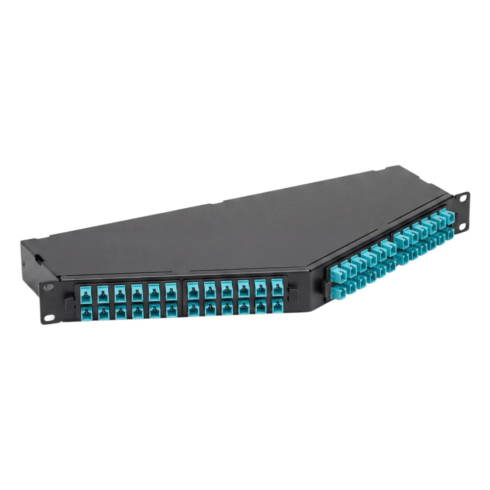 Panel de Fibra Óptica de Alta Densidad, Para Fibra Multimodo OM4, Con 8 Cassettes de 12 Conectores LC a 1 MPO Angulados (96 Fibras), de 19 in