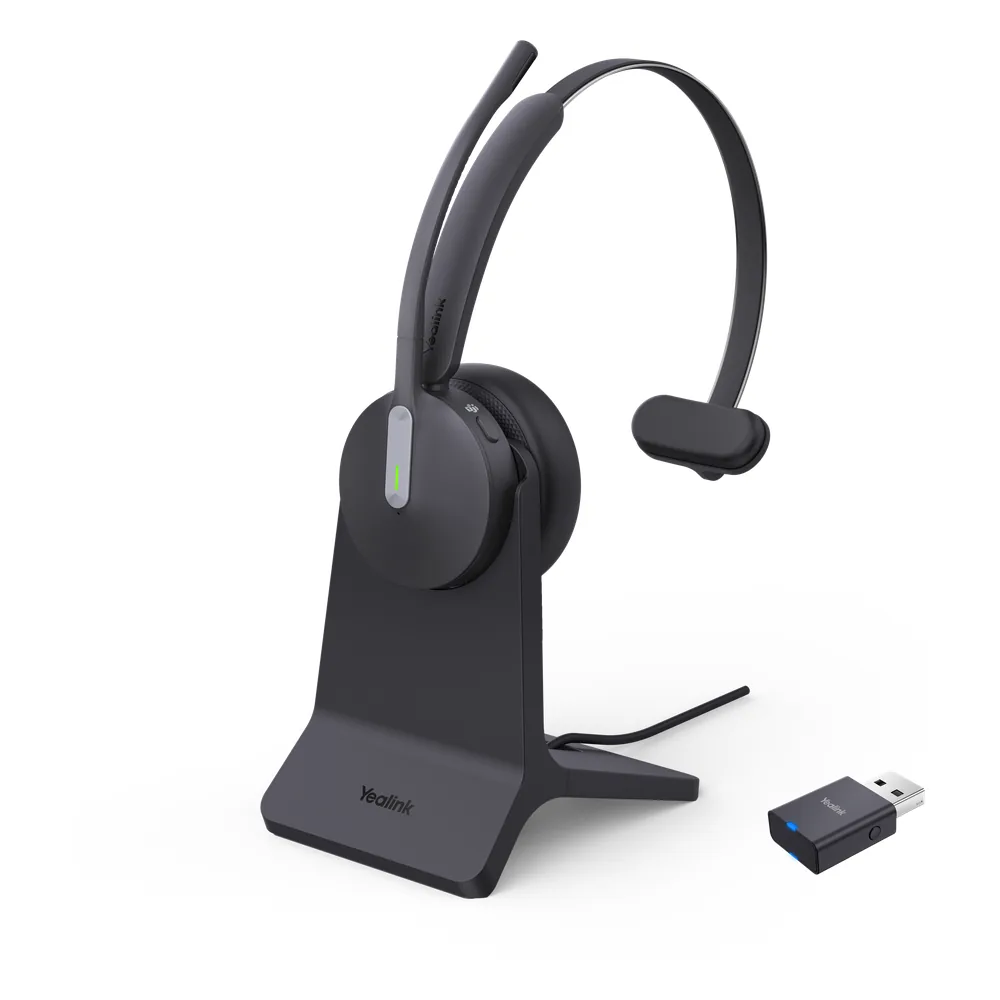 Auriculares híbridos mono Yealink WH64 edición MS/ Adaptador DECT y auriculares con Bluetooth integrado/ Cancelación de ruido con 3 micrófonos/ Alcance inalámbrico de 150 m