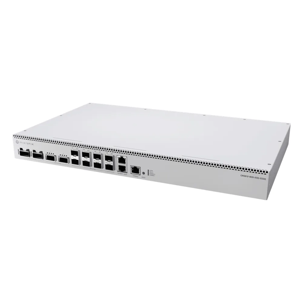 Switch de Red MikroTik CRS812 DDQ / 400 Gbps / 8 Puertos SFP56 de 50G / 2 Puertos QSFP56 de 200G / 2 Puertos QSFP56-DD de 400G / RouterOS v7 / ARM Quad-Core 2 GHz / 4 GB RAM / Rackmount