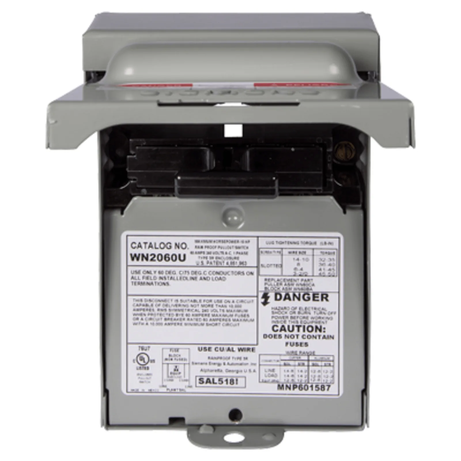 Interruptor de seguridad 2x60Amp. Nema 3R, Sin Portafusible