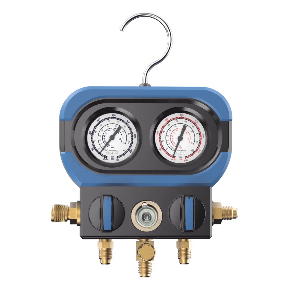 Manifold de 2 Válvulas AMAA para Refrigeración / Compatible con R22, R32/R410A, R404A, R407C / Escala de Manómetro Multigas / Interfaz 5/16" SAE / Rango de Vacío -30 inHg / Presión Máxima 500 psi / Resistente