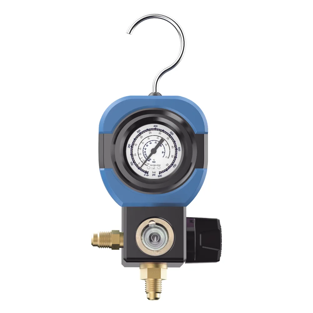 Manifold de Refrigeración AM1V 1 Válvula / Escala Compatible R22 R32/R410A R404A R407C / Interfaz 1/4" SAE / Diámetro 90 mm / Rango de Presión -30 inHg - 500 psi / Diseño Integrado Resistente a Impactos