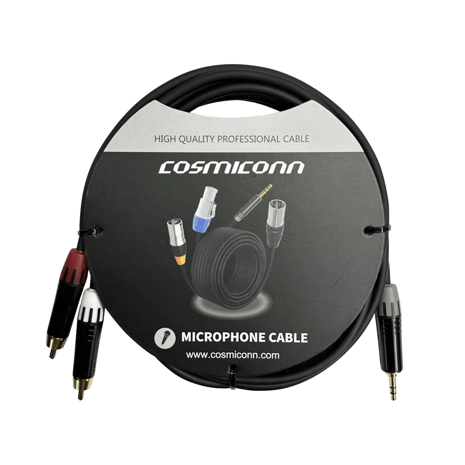 Cable 3.5mm a 2 RCA, conectores negros, con diferenciador de blanco y rojo en RCA MT380-RD - MT380-WH - MTP3C-BG, length 3m