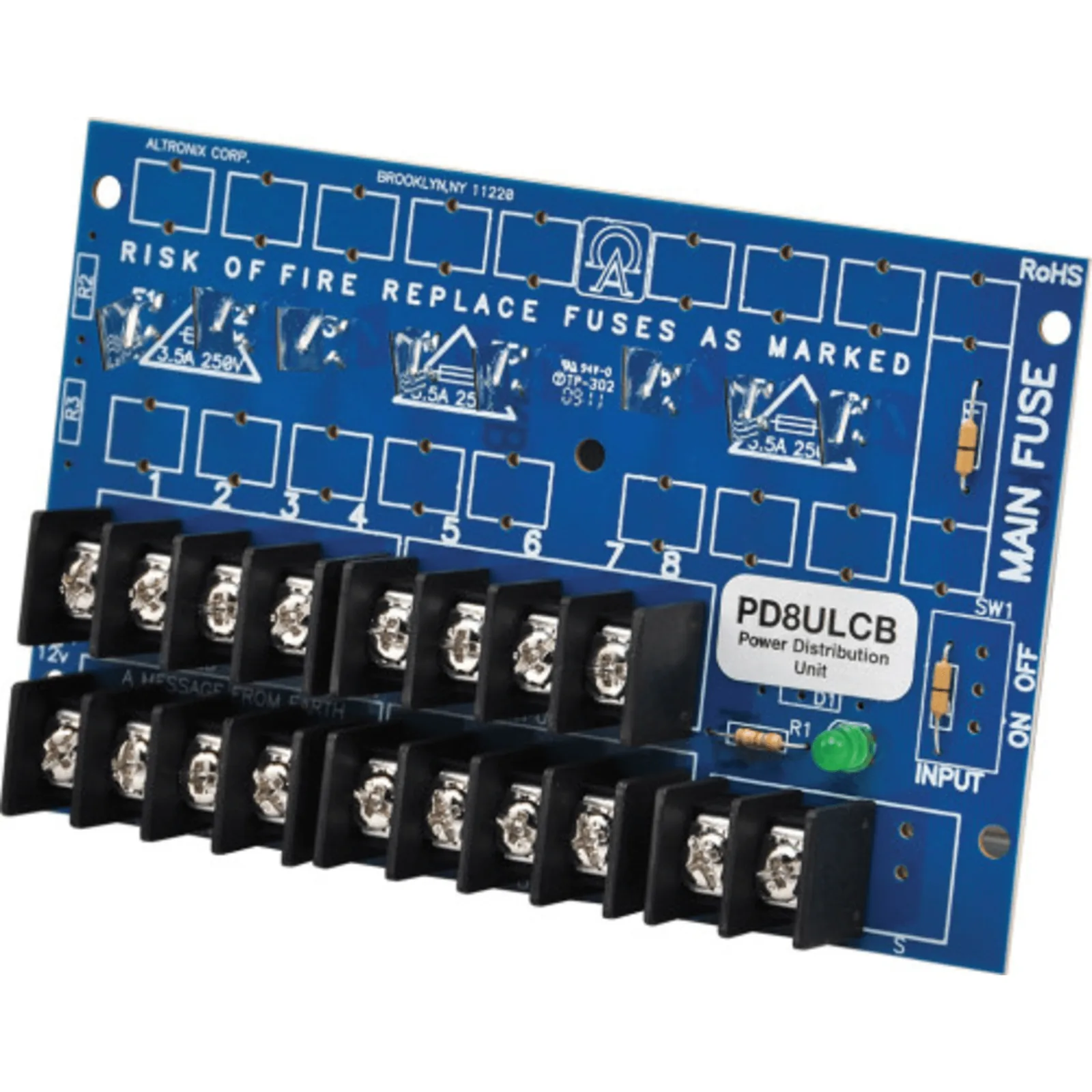 Módulo Distribuidor de Energía UL / 8 Salidas Clase 2 Protegidas PTC / Entrada 12-24VDC o 24-28VAC / Auto-resetable 2A por Salida / UL294-UL603-UL1481 / Montaje Incluido