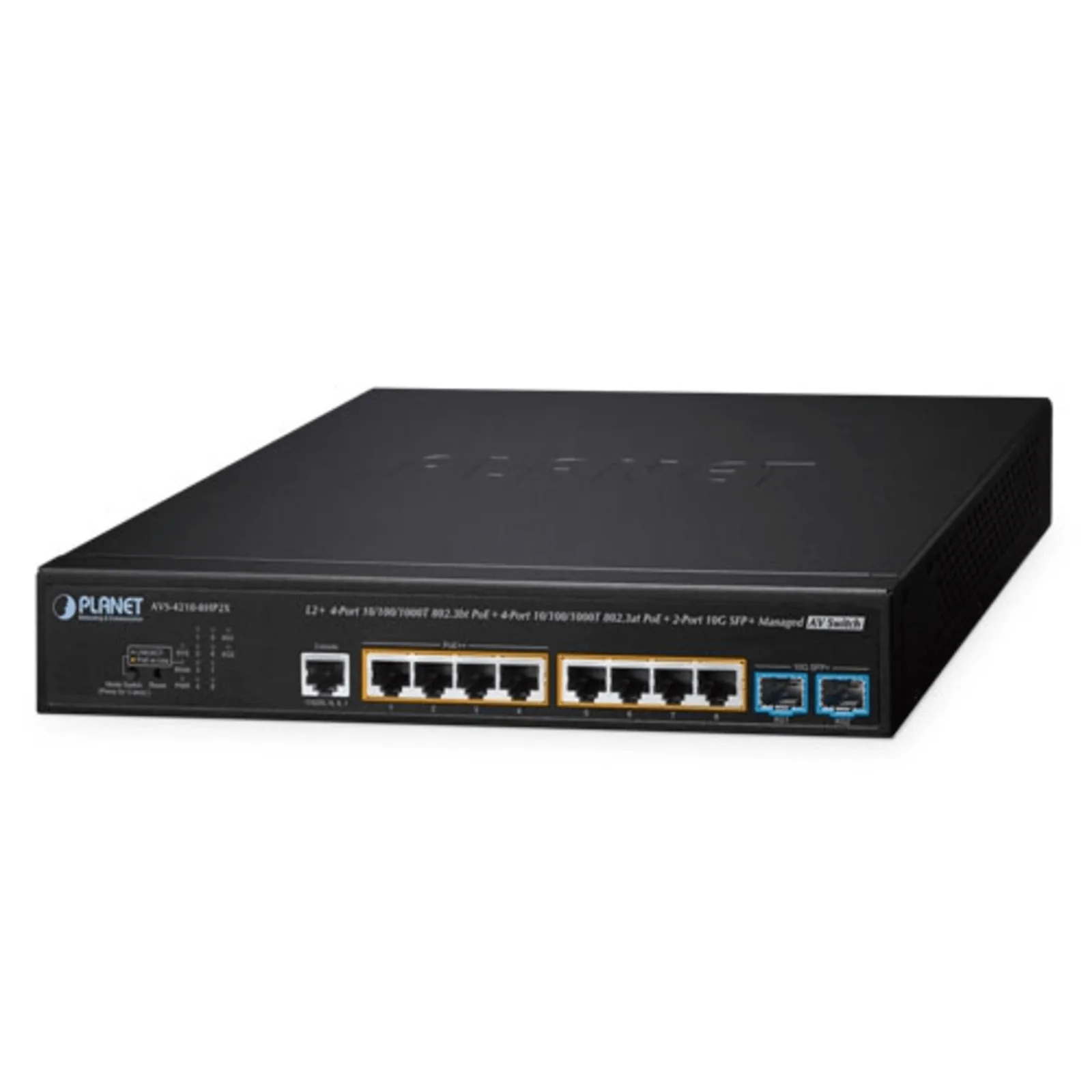 Switch AV Administrable Capa 2/ Compatible con Dante / 4 Puertos Gigabit PoE++ 802.3bt 95W + 4 Puertos Gigabit PoE+ 802.3at 32W + 2 Puertos 10G SFP+ / Presupuesto PoE 240W / Dual UI Pro AV y Standard / Compatibilidad Dante y NDI / Fanless / VLAN Routing I