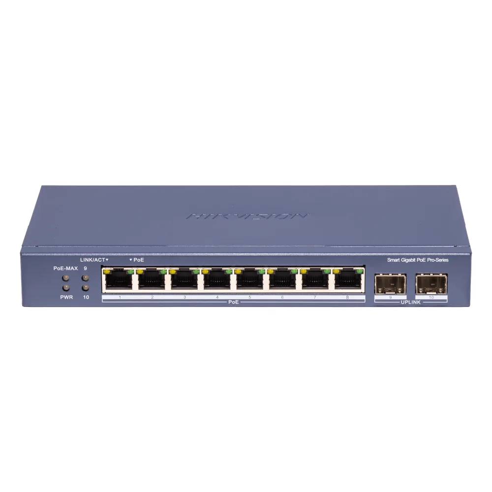 Switch PoE+ / Administrable / 8 Puertos 1000 Mbps PoE+/ 2 Puertos SFP / Configuración Nube desde Hik-PartnerPro / Modo Extendido hasta 300 Metros / 110 W
