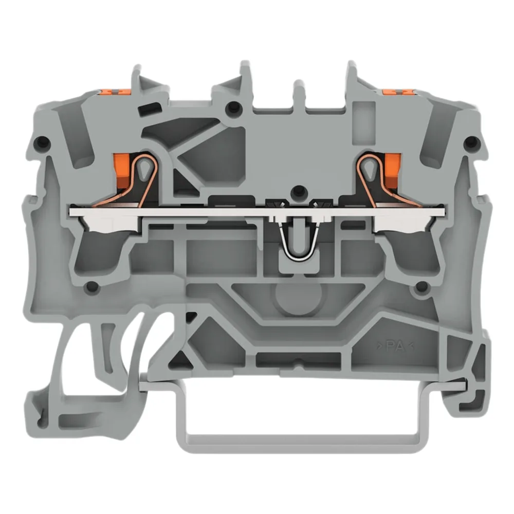 Borna de Paso / 2 Conductores / Push-in CAGE CLAMP® / 2,5 mm² / Tecla de Accionamiento / Aplicaciones Ex e II / Carril DIN 35 mm / Gris