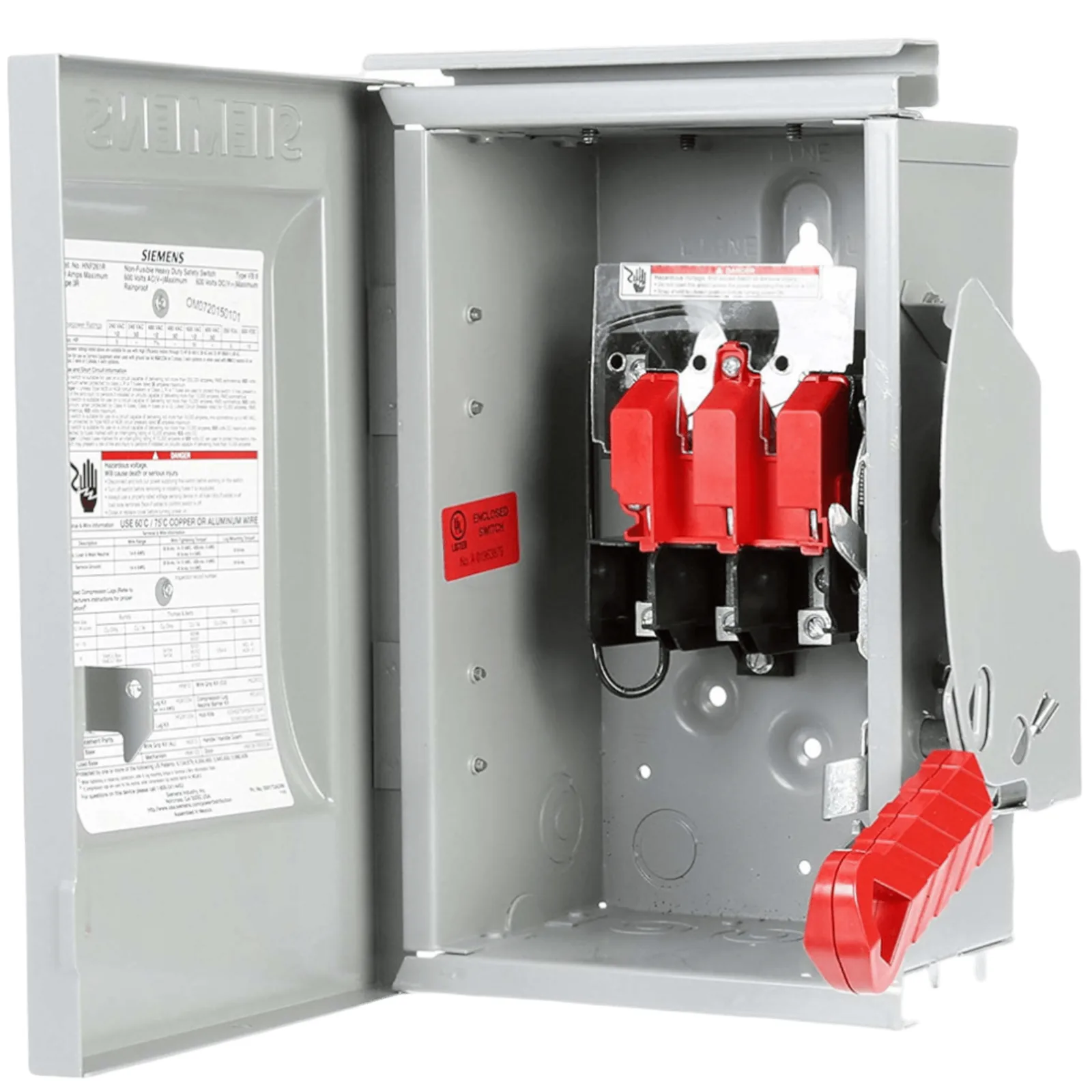 Interruptor de Seguridad HNF361R, 600Vca, 3 polos, 30 Amp, sin portafusibles, Nema 3R.