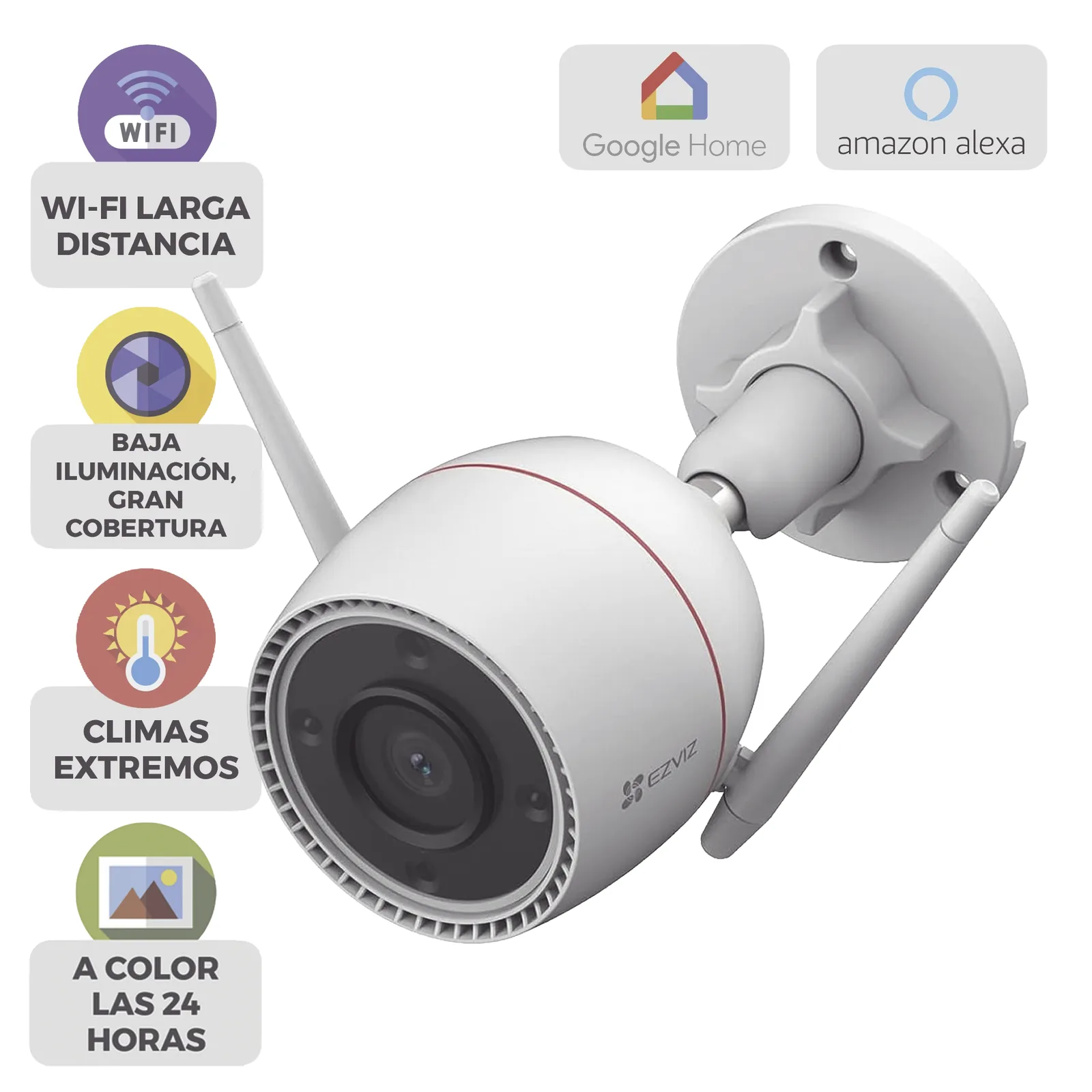 Cámara Wi-Fi / 5 Megapixel (3k) / Detección IA Personas-Vehiculos / Visión Nocturna Color / Audio Bidireccional / Alarma con Luz y Sirena / Reconocimiento por Gestos / IP67