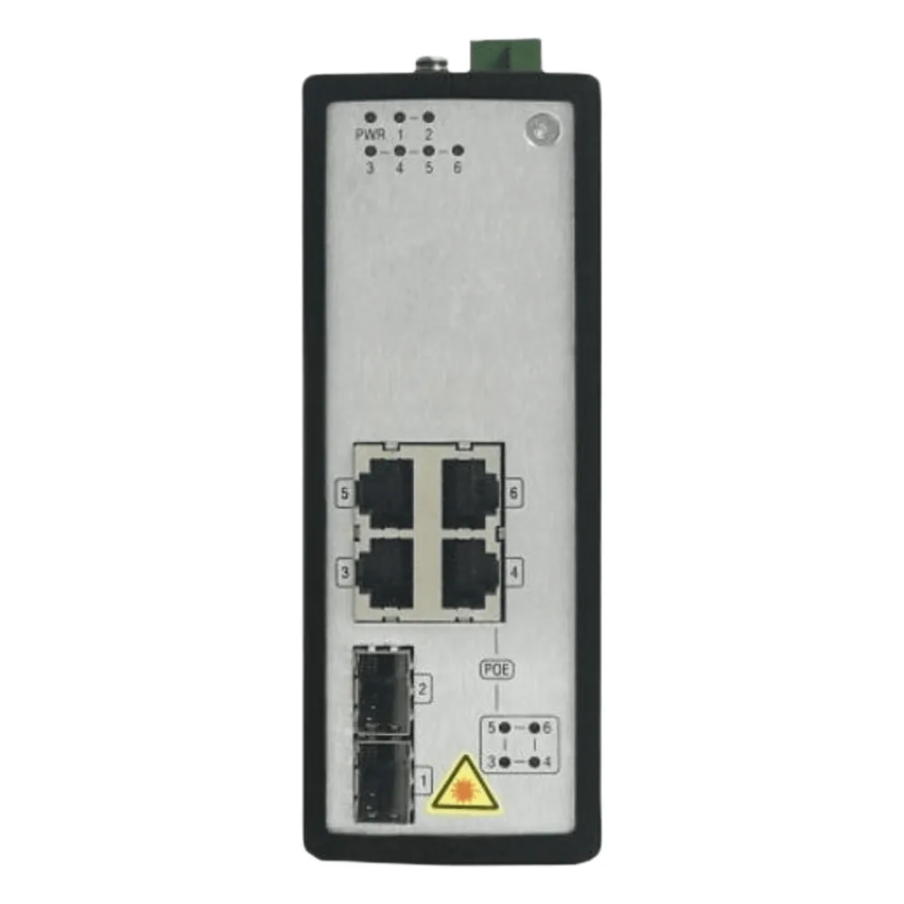 Switch Industrial No Gestionado PoE Gigabit / 4 Puertos RJ45 + 2 Puertos SFP Fibra / 120W PoE Budget / 30W por Puerto / -40°C a 75°C / Metal IP30 / Dual Power Input