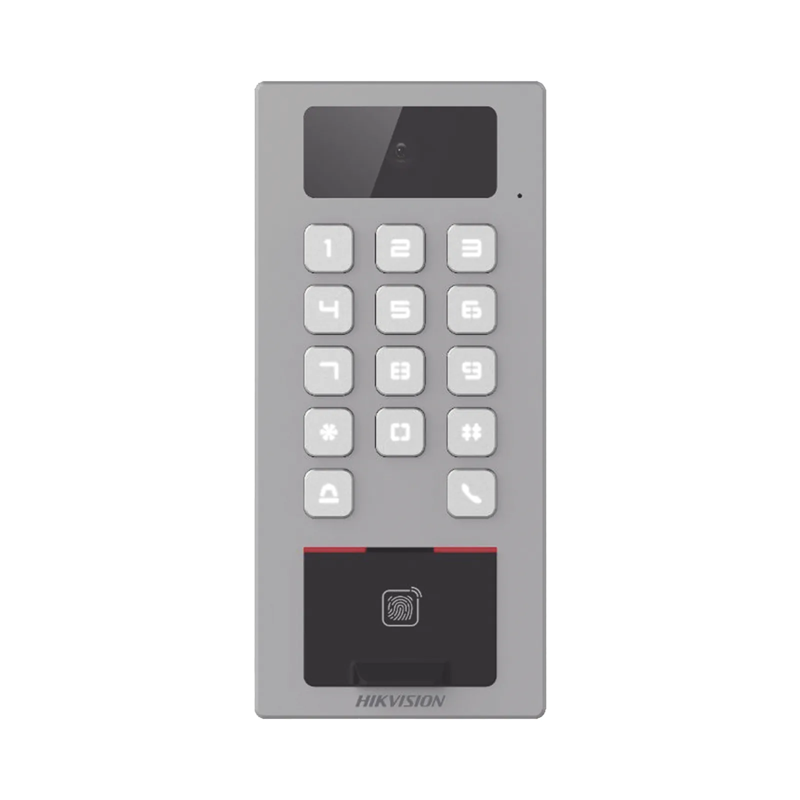 (PoE / 2 Relays) Teclado con Lector de Huellas / Videoportero Multiapartamento Llamada a App / Teclado / Exterior Antivandálico IP65 & IK09 / Huella, Tarjeta, Código QR, PIN o App Hik-Connect / Cámara 2 MP compatible con NVRs