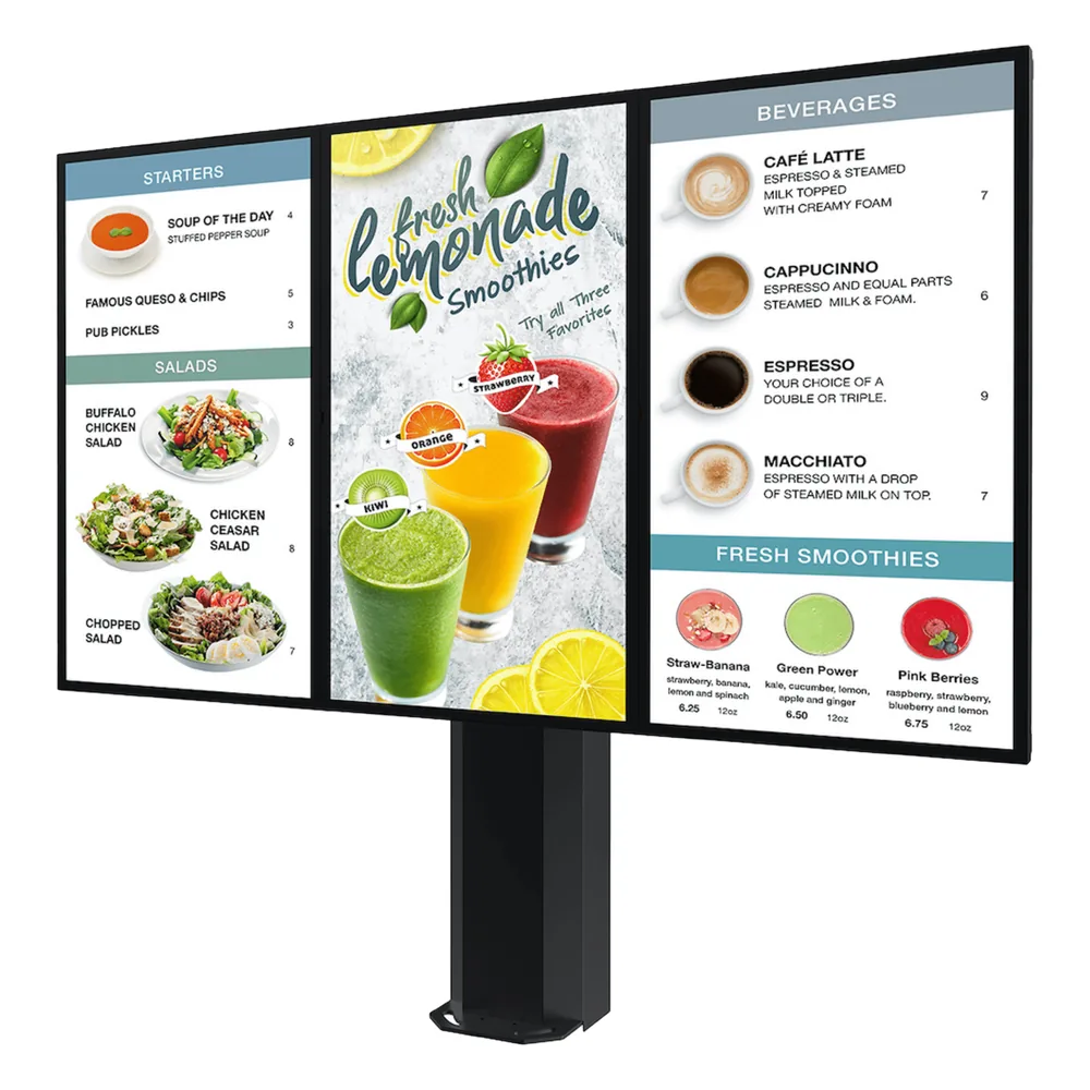 Montaje Tipo Kiosco para exterior compatible con Pantallas de 55" Samsung OH55AS / Diseño Ultradelgado / METAL / Exterior IP65 / Base Pedestal 8" / Soporte para 3 pantallas