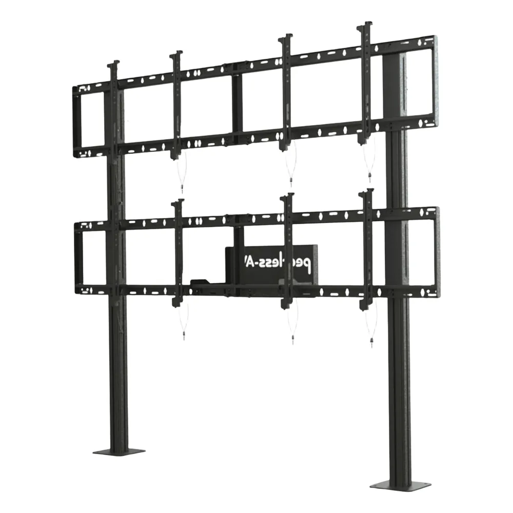 Soporte Modular para Video Wall Pedestal 2x2 / Ajuste Micro Sin Herramientas / 8 Puntos de Alineación / Capacidad 500 lb / VESA 200x200 a 600x400 mm / Estructura Aluminio / Gestión Cableado Integrada / Almacenamiento Multimedia