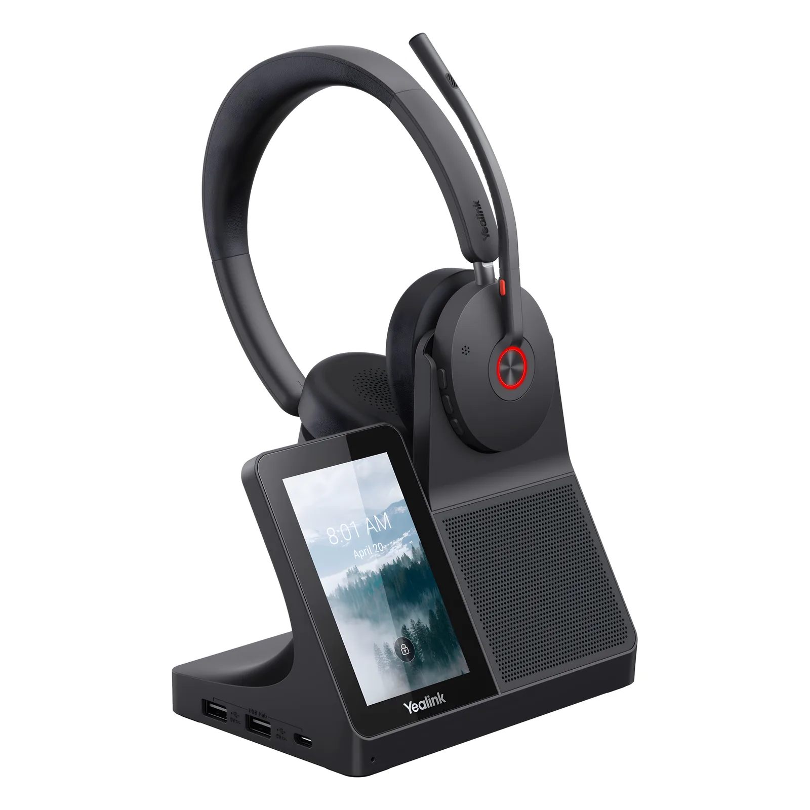 Auriculares estéreo Yealink WH68 para estaciones de trabajo edición MS/ Pantalla táctil de 4" Base DECT y auriculares con Bluetooth integrado/ Cancelación activa de ruido/ Triple conexión/ Hub USB
