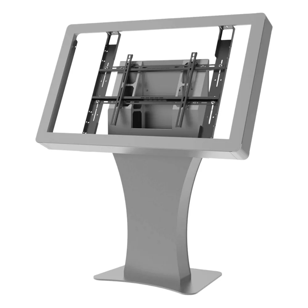 Kiosko Landscape Indoor / Soporte para Pantallas Digitales 55" / Diseño Hourglass Moderno / Base Plana Rectangular / Tray Interno para Componentes / Protección contra Robos / Acabado Powder Coat Premium