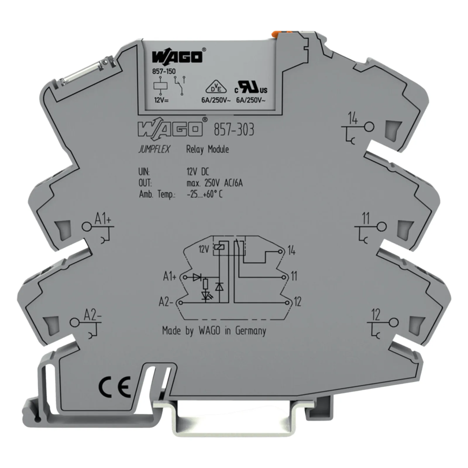 Módulo Relé 12V DC / 1 Inversor / 6A Corriente Permanente / Push-in CAGE CLAMP® / Indicador LED Amarillo / Aislamiento Reforzado / IP20 / Carril DIN-35