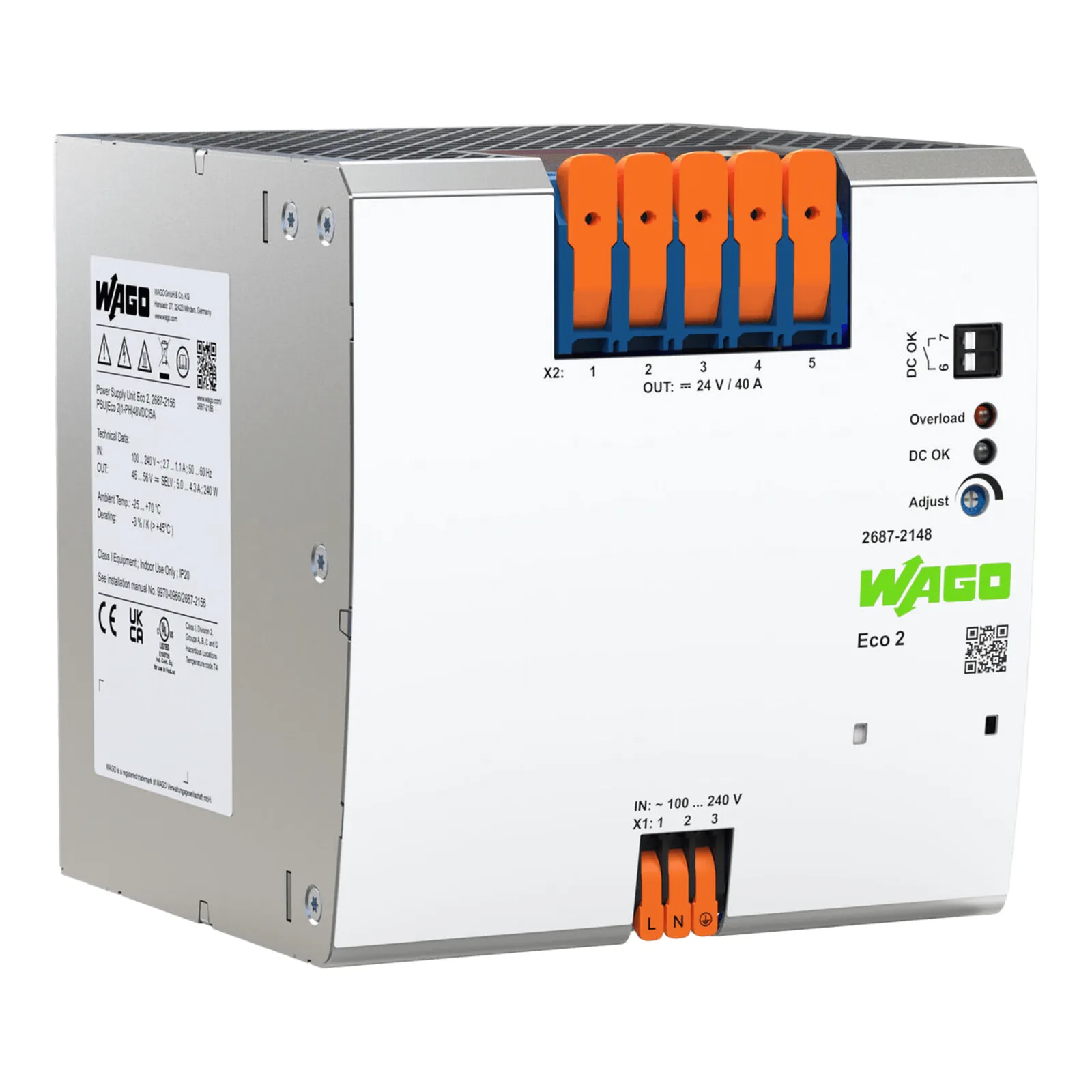 Fuente de Alimentación Eco 2 / Monofásica / 24V DC 40A / PowerBoost 48A / 960W / Contacto DC-OK / Push-in CAGE CLAMP / Carril DIN-35