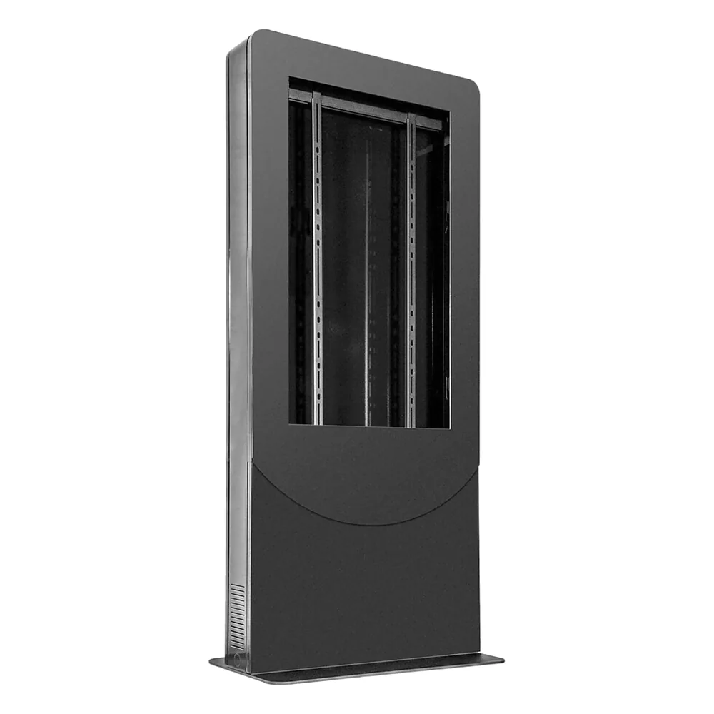 Kiosko modo Vertical para interior color Negro / Soporta Pantallas de 65" hasta 4" de Profundidad / Estructura de Acero con Placa Base 3/8" / 6 Salidas Supresor de Picos UL/cUL / Ventilación Termostática / Puertas de Acceso Se
