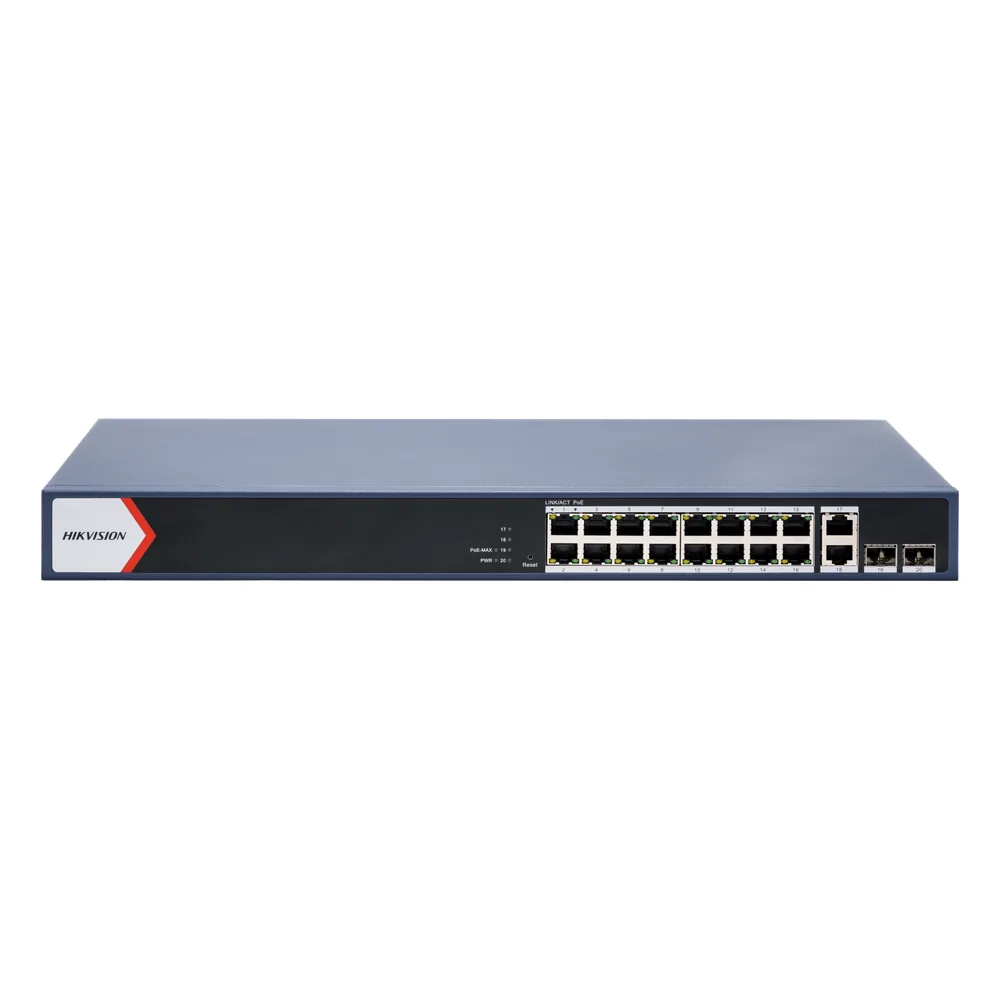 Switch Gigabit PoE+ / Monitoreable / 16 Puertos 1000 Mbps PoE+ / 2 Puerto 1000 Mbps de Uplink / 2 Puerto SFP / Configuración Nube desde Hik-PartnerPro / Modo Extendido hasta 300 Metros / 125 Watts