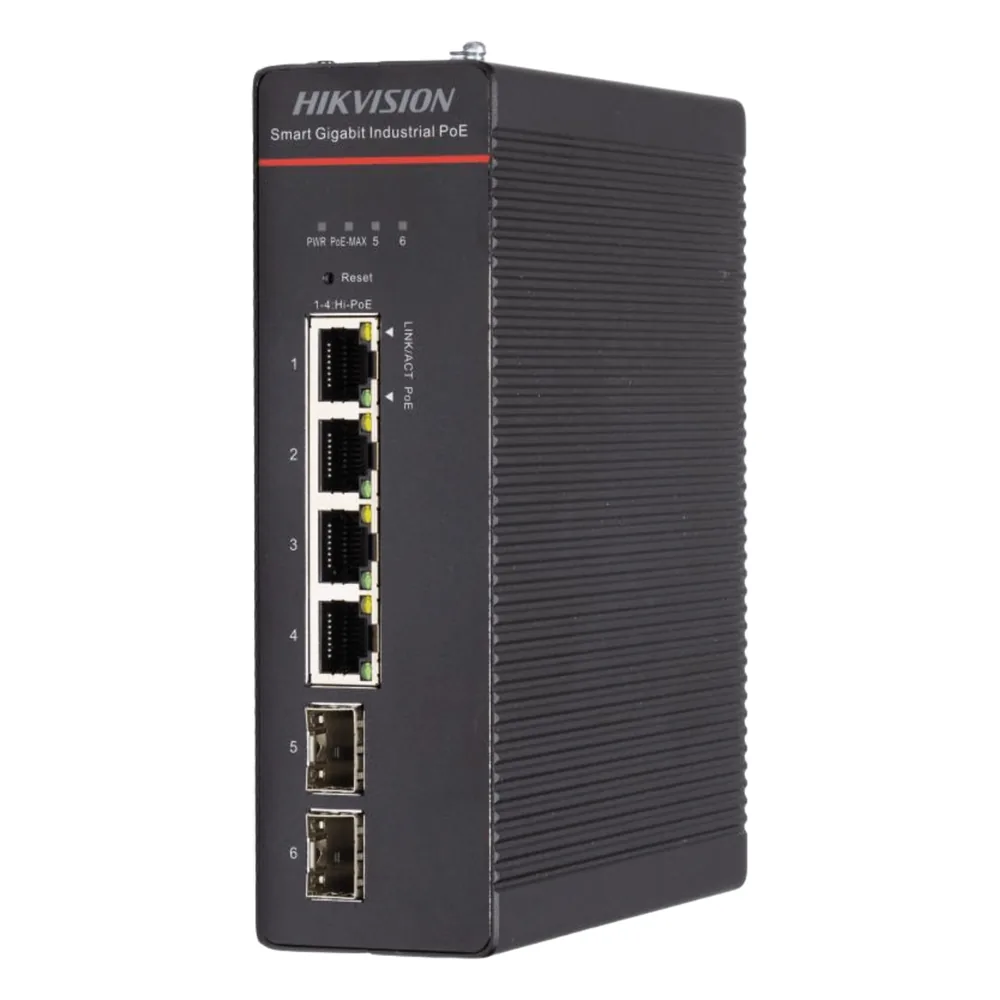 Switch Industrial / Administrable Gigabit / 4 Puertos Gigabit HiPoE (90 W) / 2 Puertos SFP / 300 W Total / 48 a 57 VCD / Ideal para Proyectos / 300 Metros de Distancia