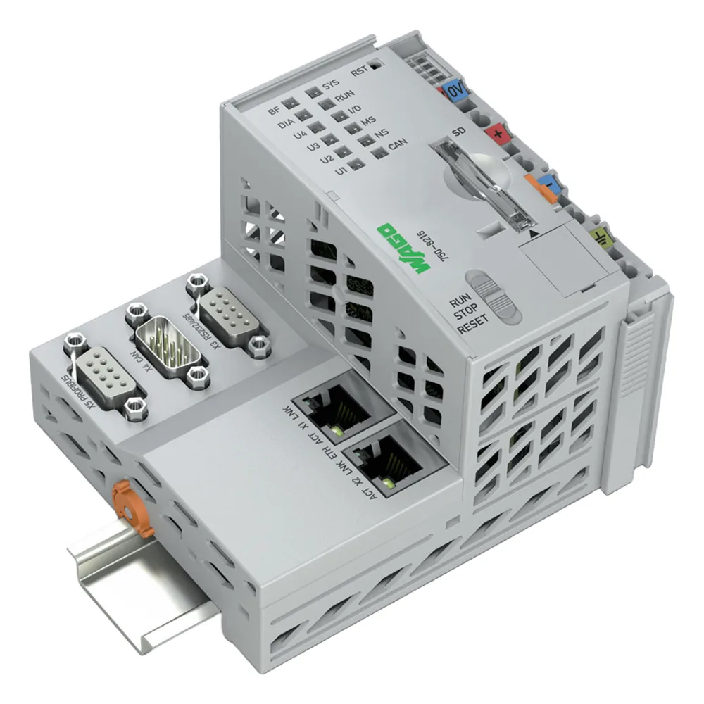 Controlador PFC200 PLC / 2ª Generación / 2 x ETHERNET 10/100 Mbps / RS-232/485 / CAN / CANopen / PROFIBUS-Slave / Cortex A8 1 GHz / 512 MB RAM / 4096 MB Flash / CODESYS V3.5 / e!COCKPIT / Linux RT / IP20 / -20...+60°C