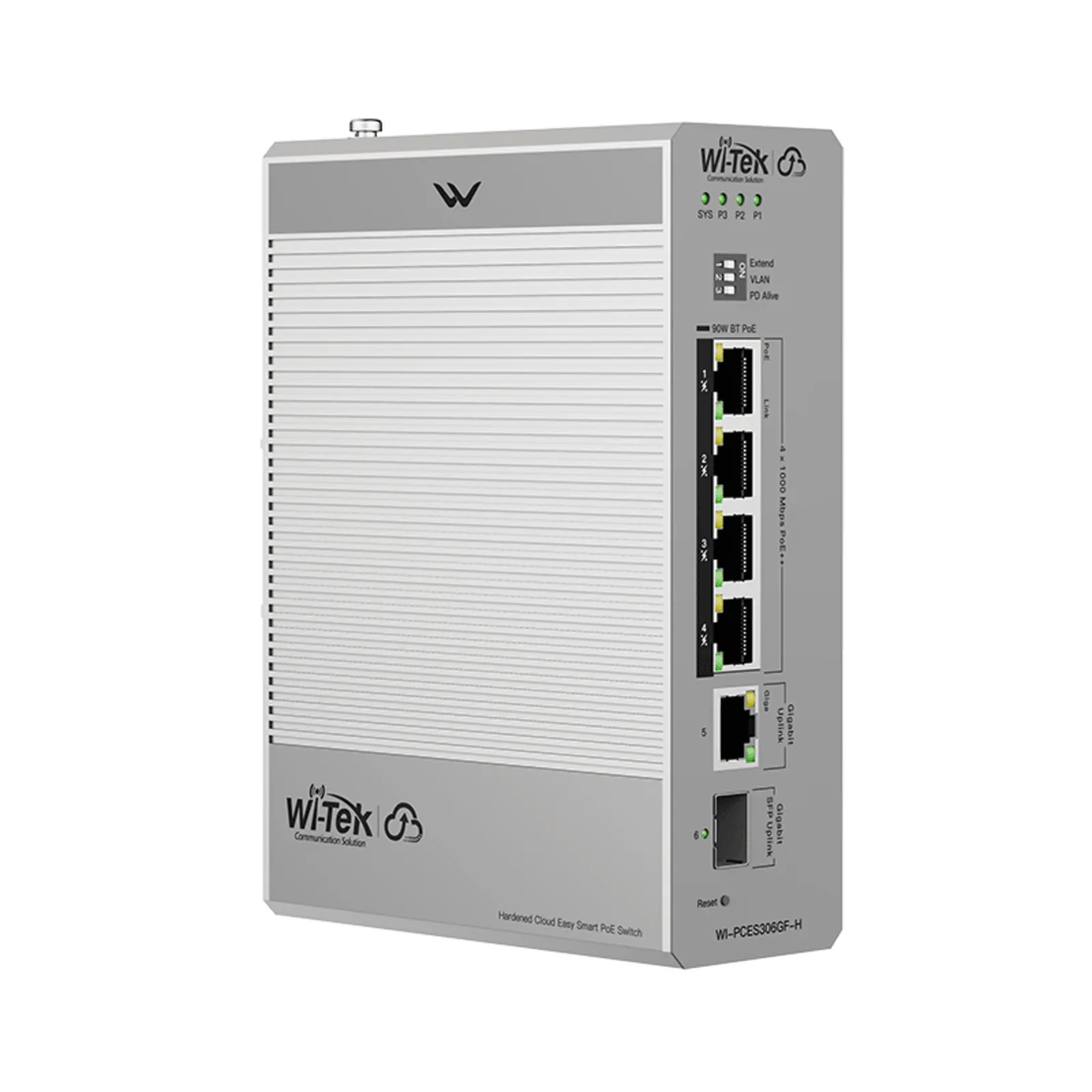 Switch Industrial PoE / 4 Puertos Gigabit PoE++ (802.3bt) / 1 Puerto Gigabit + 1 SFP / Alimentación DC 12-57V / Fanless / DIN-Rail / -30°C a 65°C / 55W-300W Budget PoE
