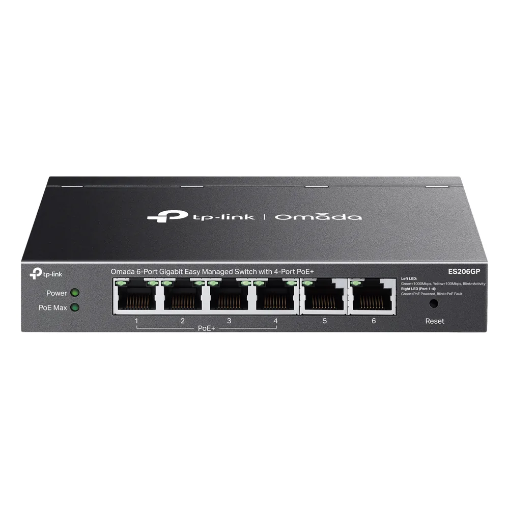 Switch Omada 6 Puertos Gigabit / 4 Puertos PoE+ 65W / Gestión Cloud SDN / Sin Ventiladores / QoS / VLAN / IGMP Snooping / 250 m PoE