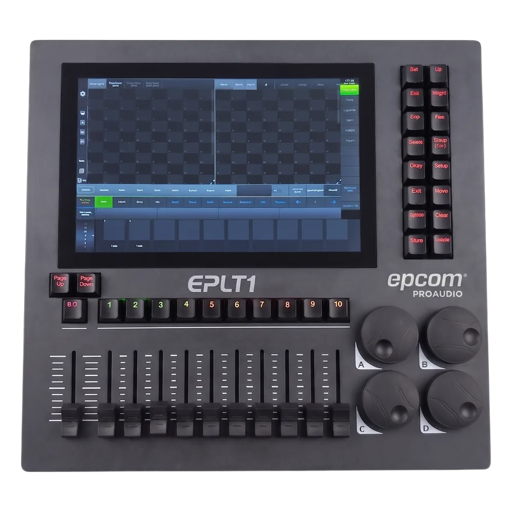 Consola de Iluminación DMX EPLT1 / 2 Universos / Pantalla 10.1" Multitáctil / 10 Faders + 4 Ruedas / WiFi Integrado / Flight Case Incluido
