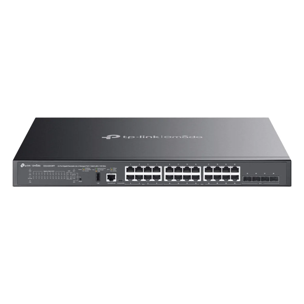Switch Omada L3 SDN Administrable / 24 puertos PoE af/at Gigabit y 4 puertos SFP+ / Presupuesto PoE 720W / Funciones RIP, VRRP, Servidor DHCP / Administración centralizada OMADA / Fuente Redundante