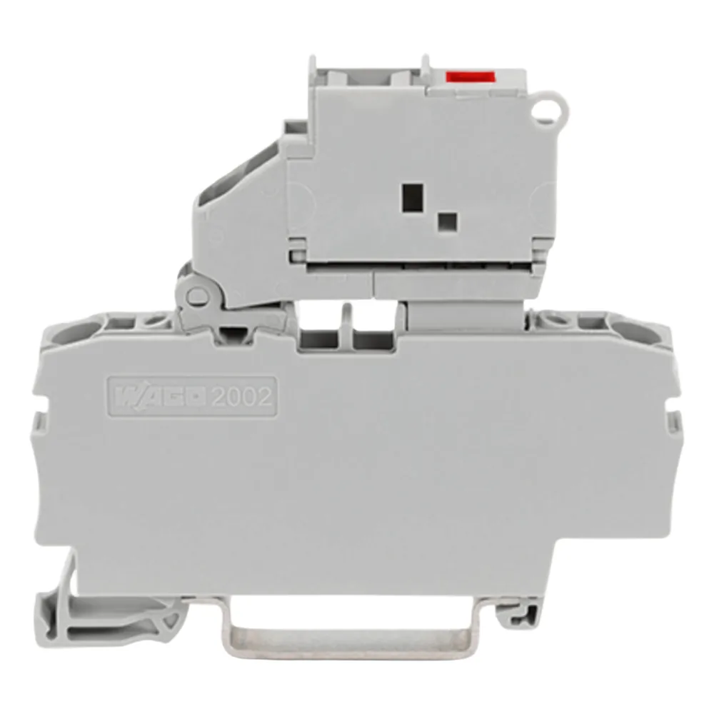 Borna Portafusibles / Serie 2002 / Push-in CAGE CLAMP® / 2 Conductores / Portafusible Basculante / Fusible Tipo G 5x20 mm / LED Indicación Defecto / 12-30 V / Carril DIN 35x15 y 35x7.5 / 2.5 mm²/ Color Gris