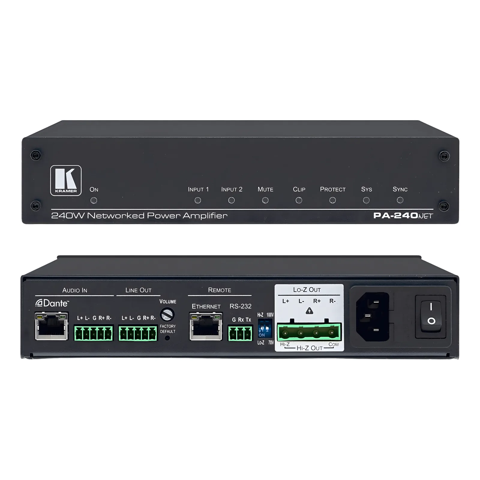 Amplificador de Potencia | 240W | Dante | Hi-Z Lo-Z Seleccionable | DSP Integrado | 32 bits 96 kHz | RS-232 IP Control
