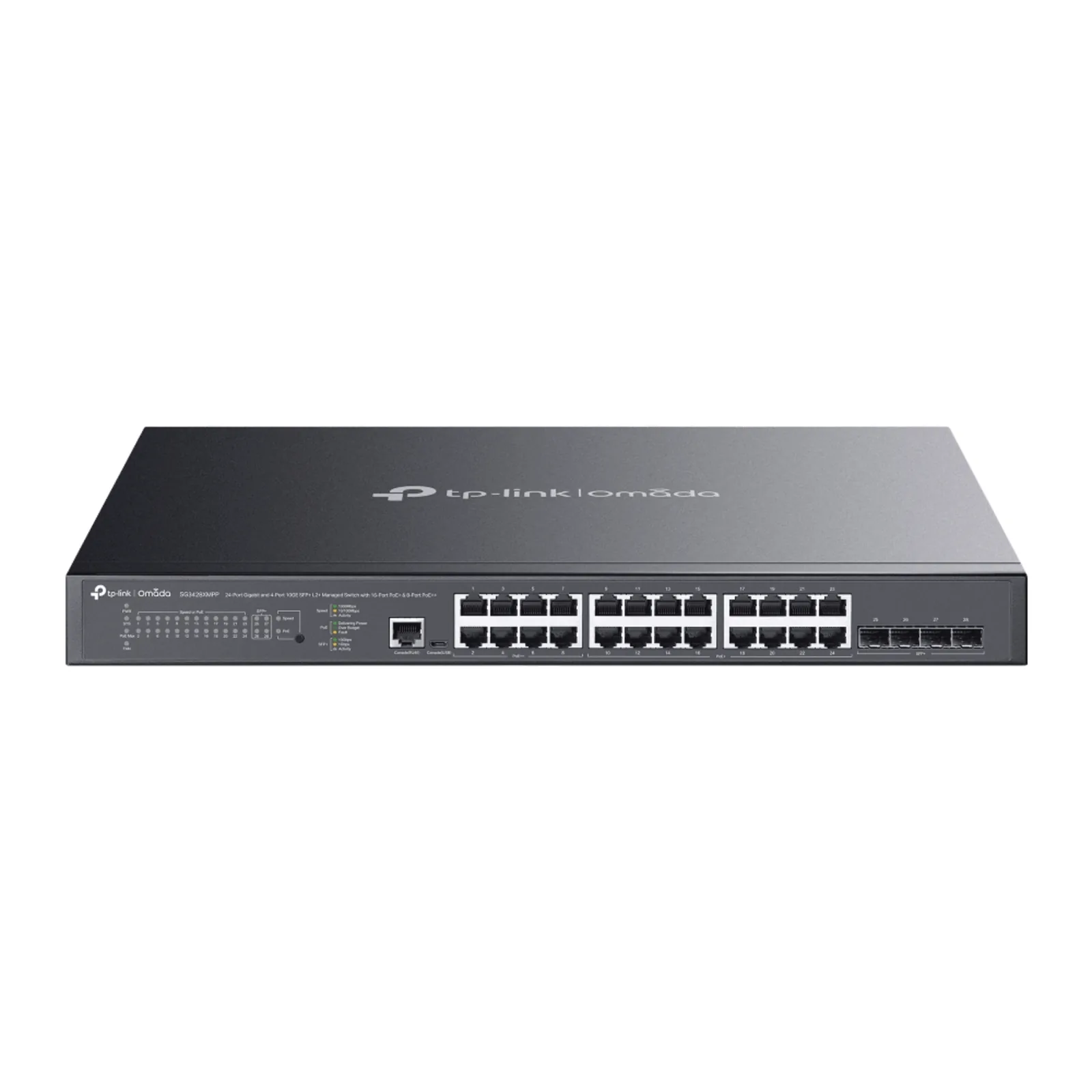 Switch L2+ Gestionado Omada / 24 Puertos Gigabit RJ45 + 4 Puertos 10G SFP+ / 16 Puertos PoE+ (30W) + 8 Puertos PoE++ (90W) / 128 Gbps Capacidad / 95.23 Mpps Forwarding / 500W PoE Budget / SDN Cloud Management