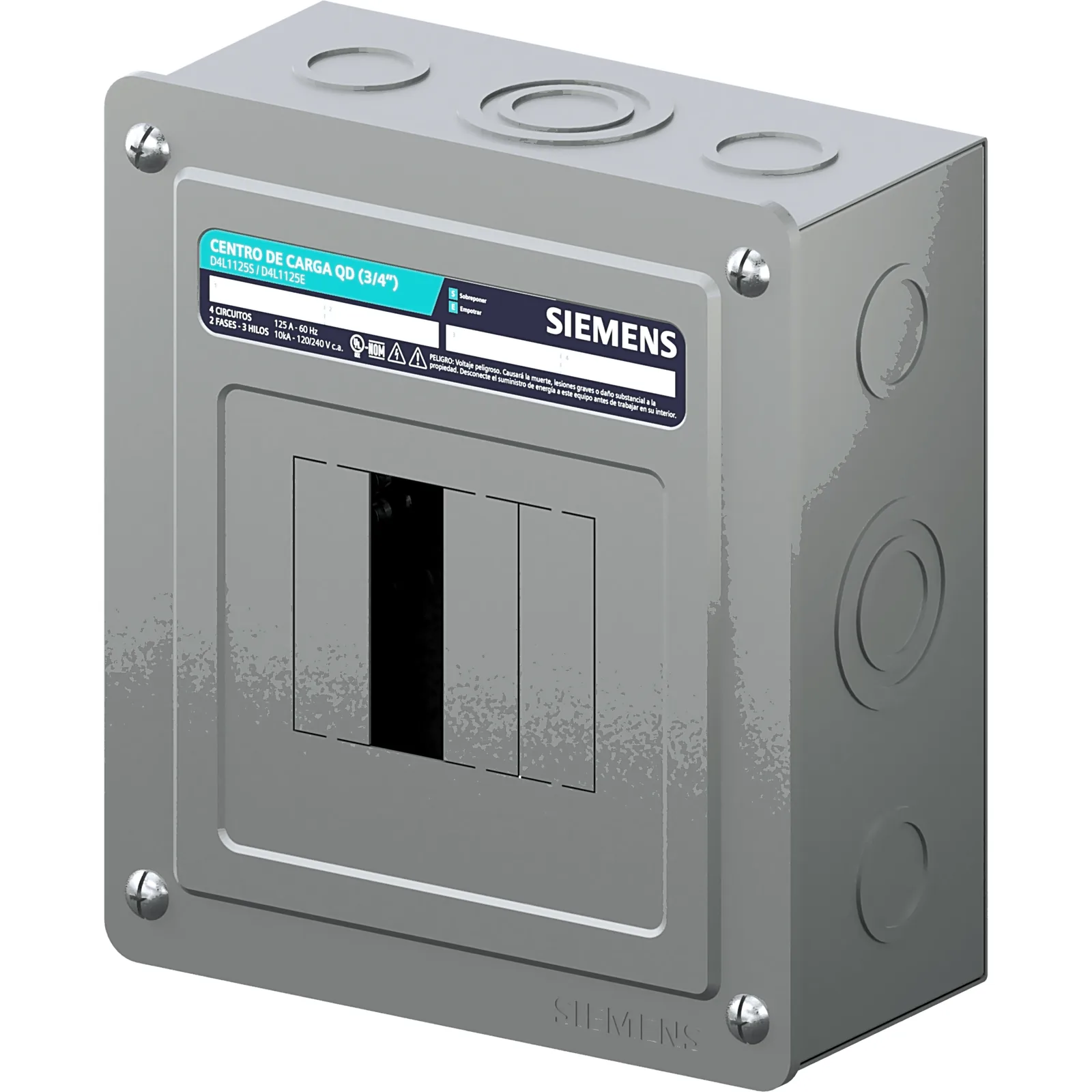 Centro de carga monofásico para sobreponer. 1 Fase, 3 Hilos para interruptores QD, de 4 polos, 120/240vca, Barras de aluminio 125 Amp, Nema 1.