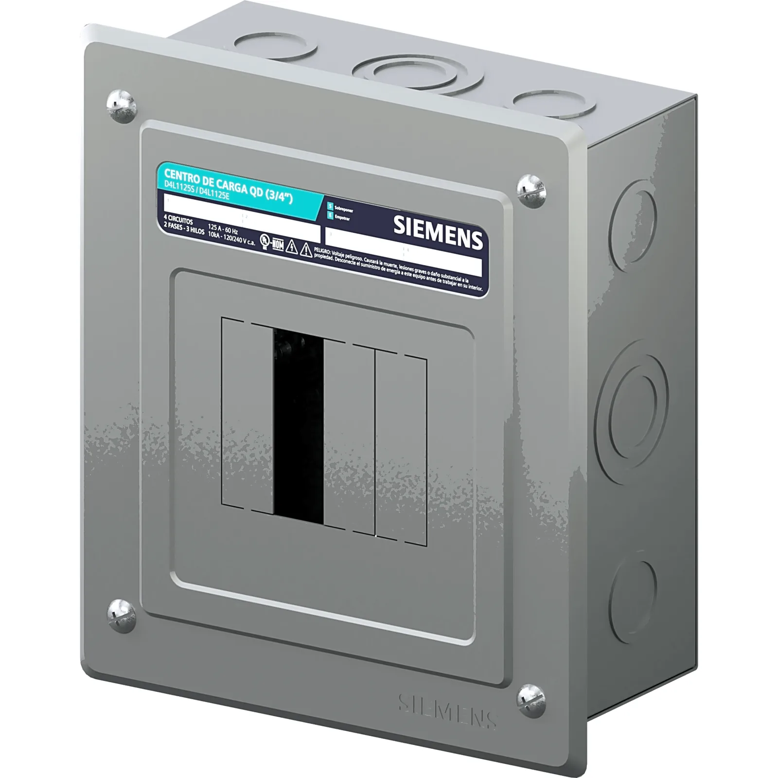 Centro de carga monofásico para empotrar. 1 Fase, 3 Hilos para interruptores QD, de 4 polos, 120/240vca, Barras de aluminio 125 Amp, Nema 1.